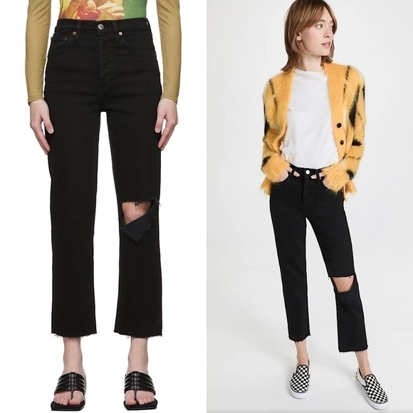 NWT RE/DONE 70s High Rise Rip Knee Raw Hem Ankle Crop Stovepipe Straight Jean 26 - Picture 1 of 13